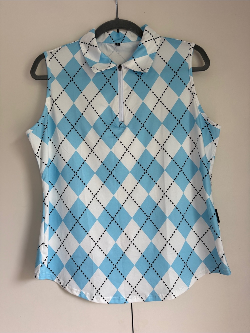 Sleeveless Argyle Polo Tank Top - Light Blue & White